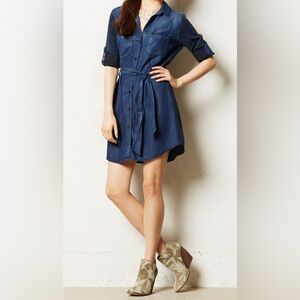 Velvet Heart Dark Blue Button-Down Shirt Dress with tie belt and pockets small